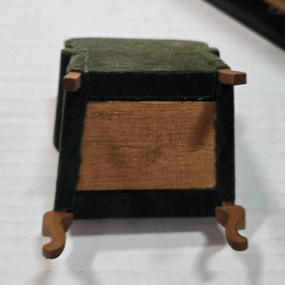 Vintage Dollhouse Miniature Living Room Set Green Velvet Chair Fireplace Table
